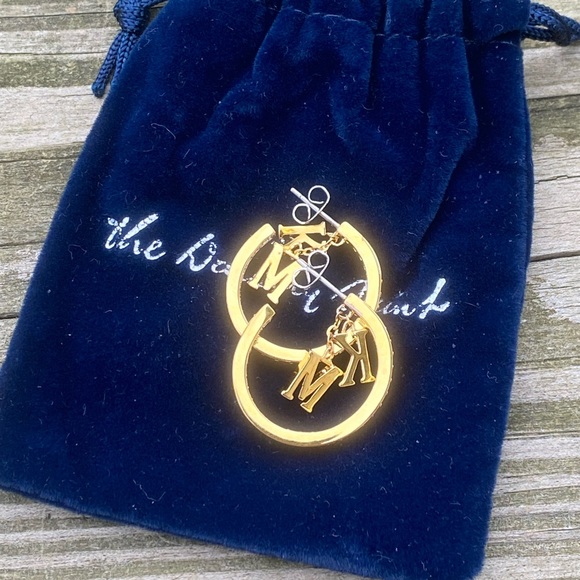 Danbury Mint Initial Hoop Earrings 14k gold plated w/ Diamonisse diamonds K & M - Picture 4 of 13